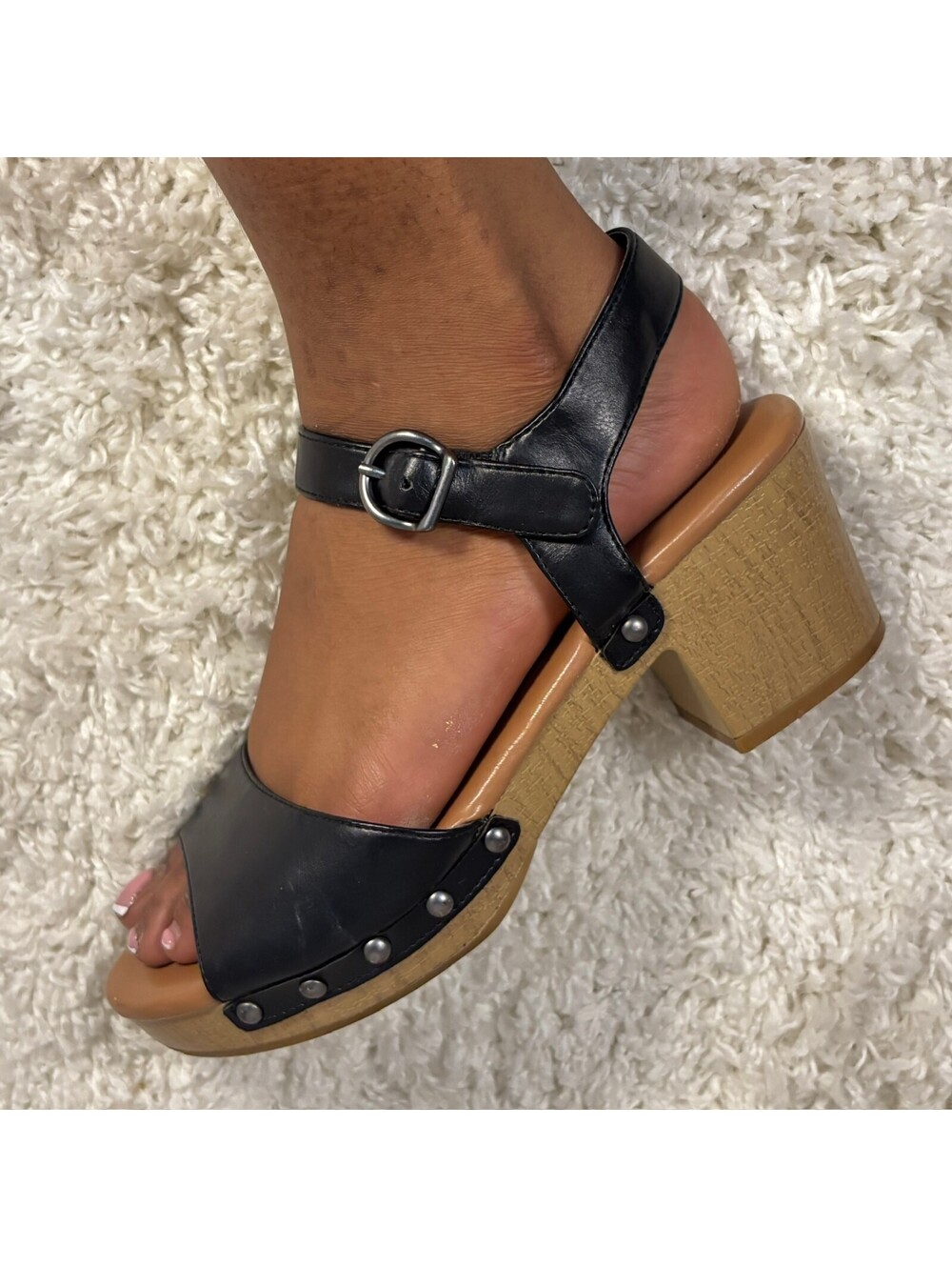 Black Faux Leather Clog Heel Sandals Wooden Platform Ankle Strap Size 7